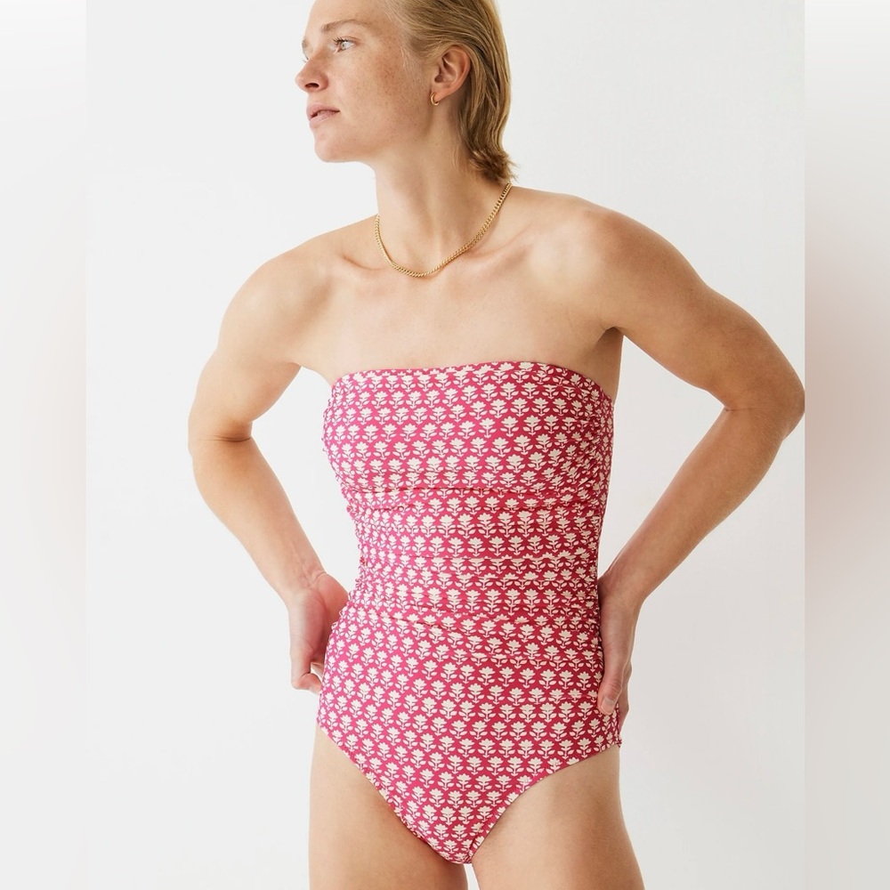 J.Crew Ruched bandeau one-piece swimsuit in pink stamp floral